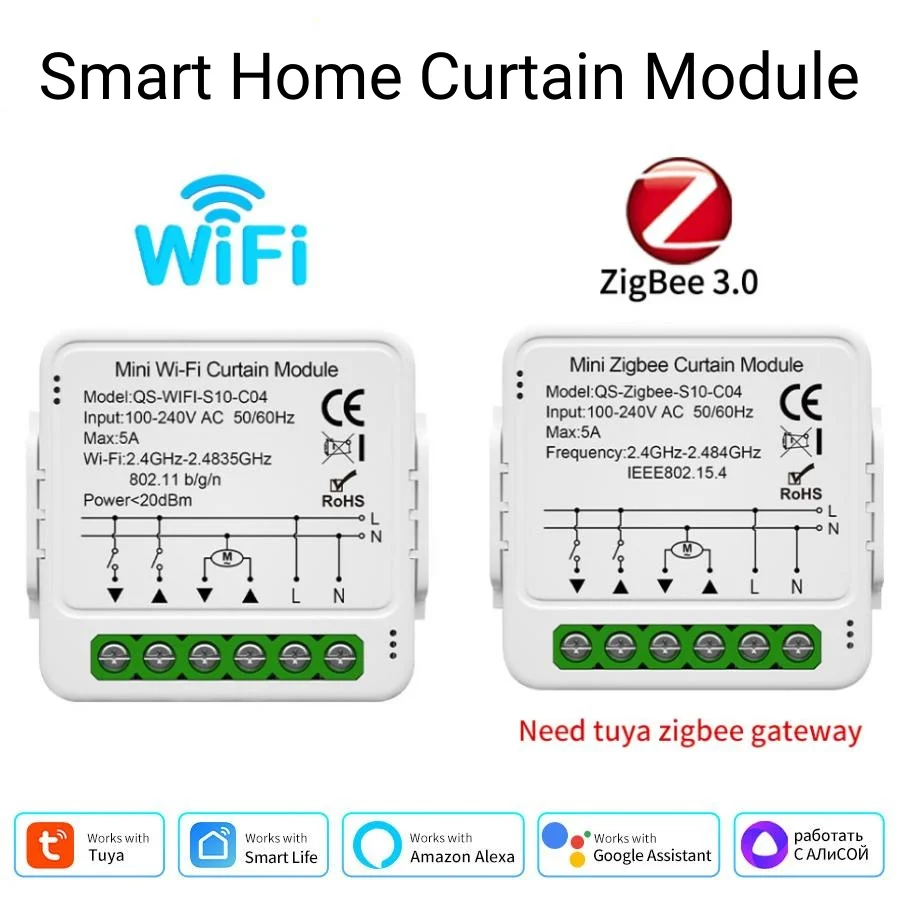 Tuya WiFi ZigBee Smart Curtain Switch Module Roller Blinds Shutter Motor Smart Life APP Voice Control Supports Alexa Google Home