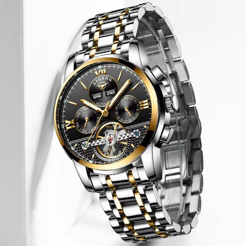 2026 AILANG New Luxury Automatic Mechanical Watch for Men Stainless Steel Belt Waterproof Luminous Calendar Business Watch