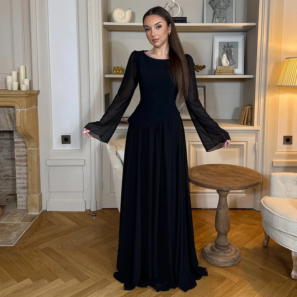 Vestido de noche largo de gasa negra Vanessa con manga larga y cuello redondo, elegante, personalizado para mujer, para ocasiones formales, fiestas y bailes de graduación