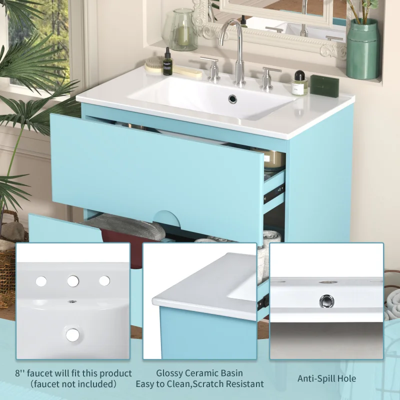 Vanity Ceramic Sink Combo Set Solid Wood Frame Modern Bathroom Storage Cabinet Glossy Ceramic Basin Easy To Assemble