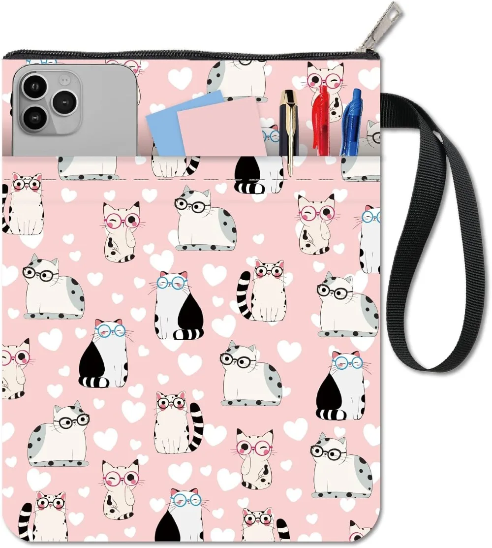 Book Sleeve Book Cover with Zipper and Extra Sleeve Pink Cat Cartoon Cute Protector Pouch for Paperbacks Book Lovers Washable