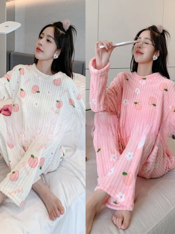 

Women's Coral Fleece Sleepwear Long Sleeve Home Clothes Set Sweet Cute Warmth Autumn Winter Thickened Home Leisure plus Size