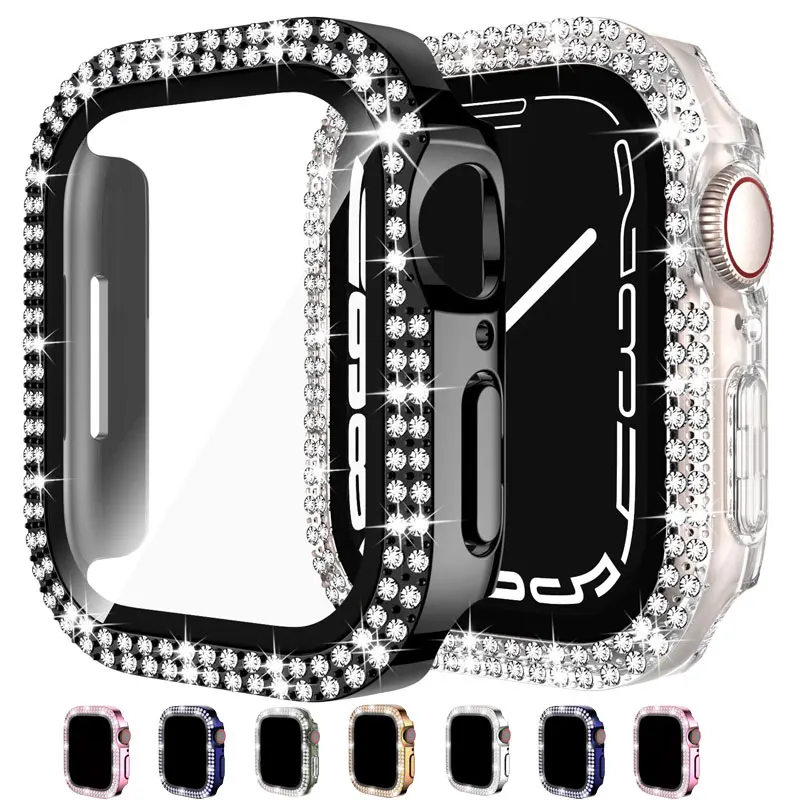 Diamanten Hoes Voor Apple Watch Case 45Mm 41Mm 44Mm 40Mm Gehard Glas Screen Protector Iwatch Accessoires Serie 9 7 Se 6 8 5 4