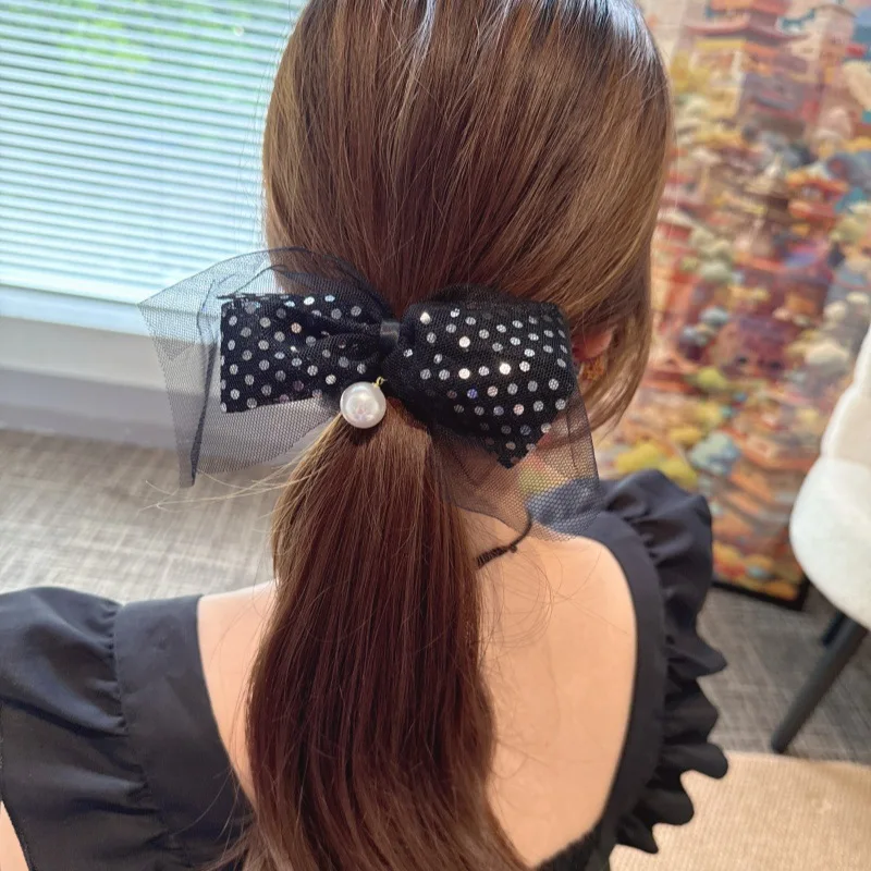 

Glamorous Bow Scrunchies, Sheer Mesh & Pearl Hair Ties for Women, Sparkly Ponytail Holder for Party/Wedding, Korean Elegance