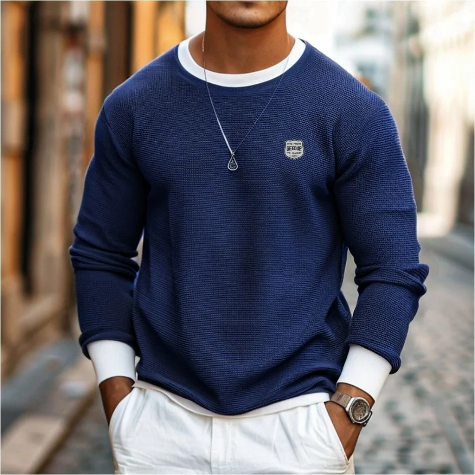 New men's outdoor sports T-shirt top, Waffle solid color round neck loose street holiday long sleeve fashion fake two pieces