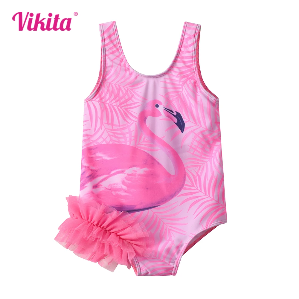 

VIKITA Girls Toddlers Pink Flamingo Cartoon One Piece Swimsuit Kids Tulle Ruffle Cute Swimwear Kids Polyester Beach Pool Wear