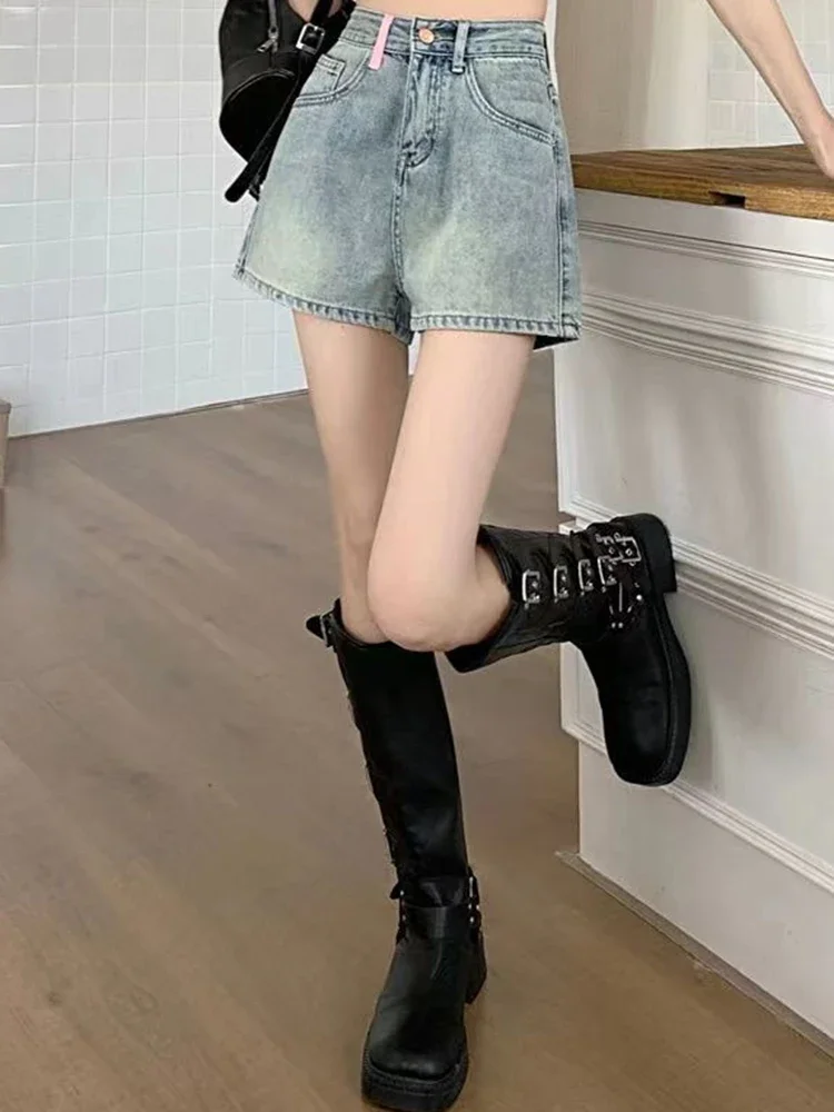 Meninas coreano cintura alta denim perna larga shorts feminino high street y2k calças curtas moda feminina azul quente calças jeans plus size