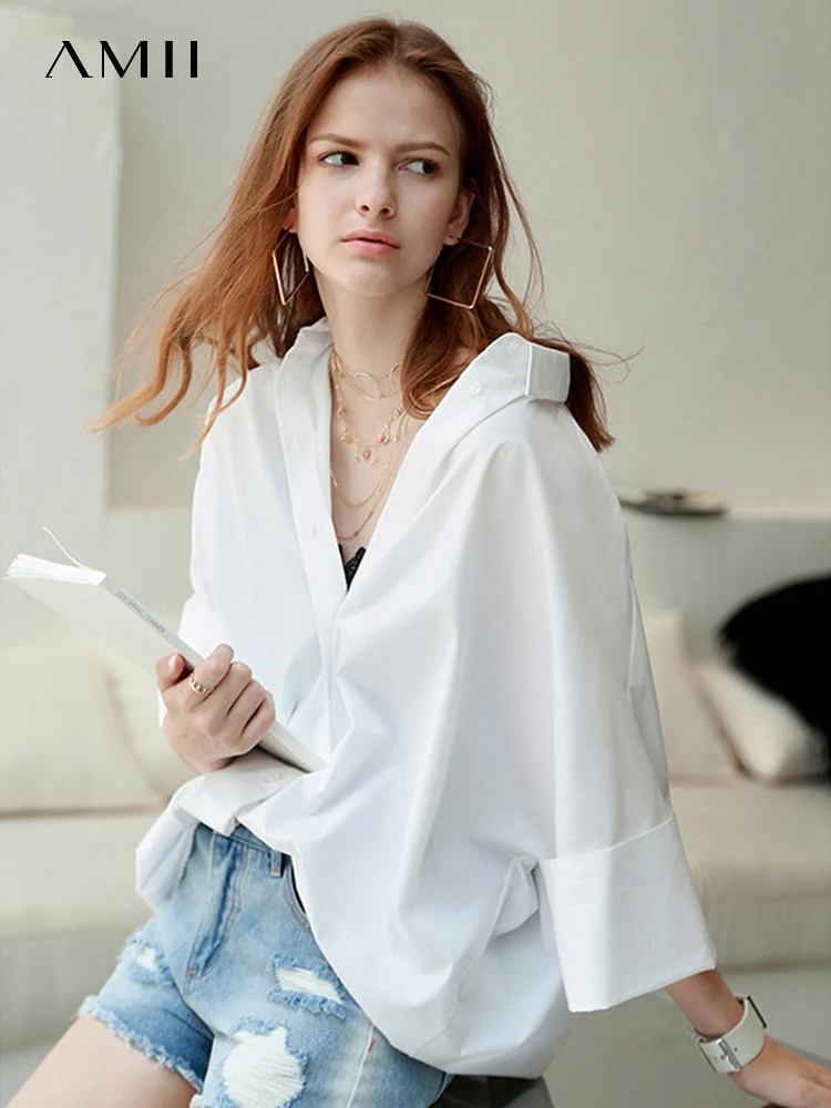 AMII Minimalism Oversize Women\'s Shirt 2024 Summer New 100% Cotton Loose 4 Colors Chic Elegant and Youth Woman Blouses 12312007