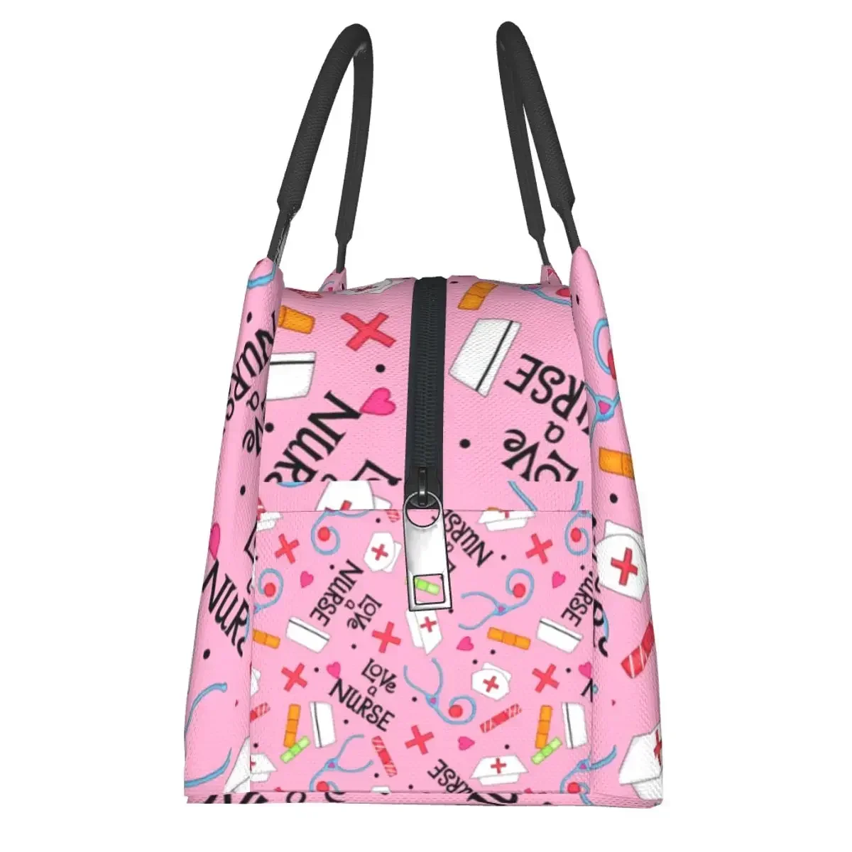 Medical Word Art Pink Lunch Bag Love A Nurse Cute Lunch Box Picnic Portable Zipper Tote Food Bags Print Cooler Bag