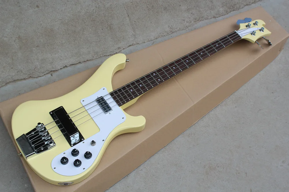 Flyoung 4 Strings Yellow Electric Bass Guitar with White Pickguard,Chrome Hardware,Offer Customize