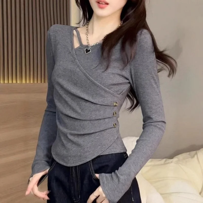 

Korean Style Spicy Girl Irregular Long SleevetWomen's Spring and Autumn Inner Wear High-End Slim Fit Short Base Shirt Top Trendy