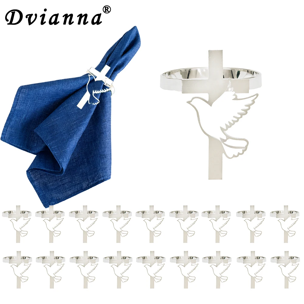 20Pcs Cross Dove Napkin Rings Gold Silver Metal Napkin Holder for Baptism Communion Religious Dinner Table Decor Supplies
