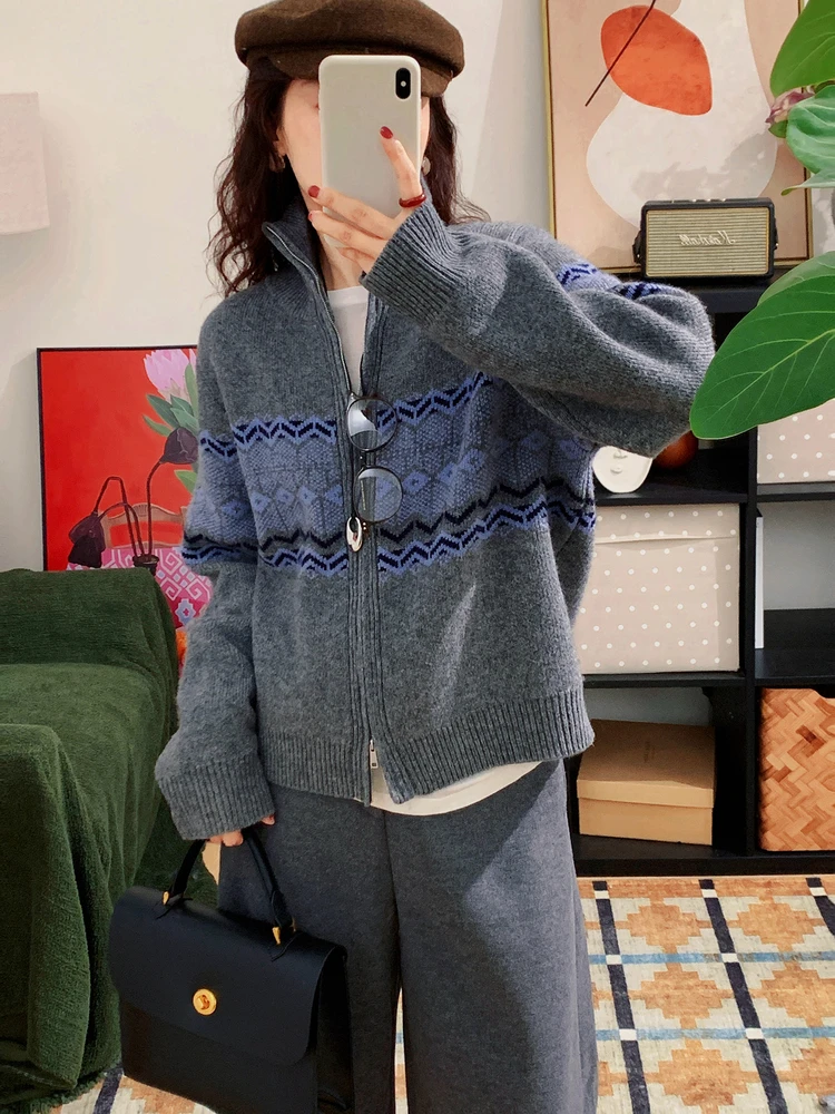 

Women's Full Wool Fair Isle Knit Cardigan Zipper Collar Sweater Outerwear Thi Warm Autumn Winter Faion Commute Sle