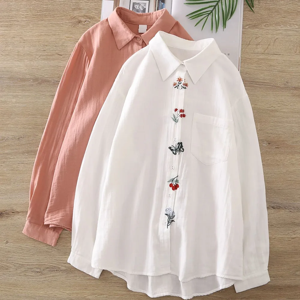 New Spring Cotton Yarn Long Sleeve Shirt, Women Lapel Butterfly Embroidery Top, Mori Girl Vintage Loose Blouse, 2025 T4D919CC