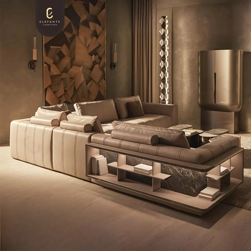 Microfiber Leather Sofa Custom Light Beige Modular Sectional with Tufted Design Corner Storage Luxury Living Room Furniture