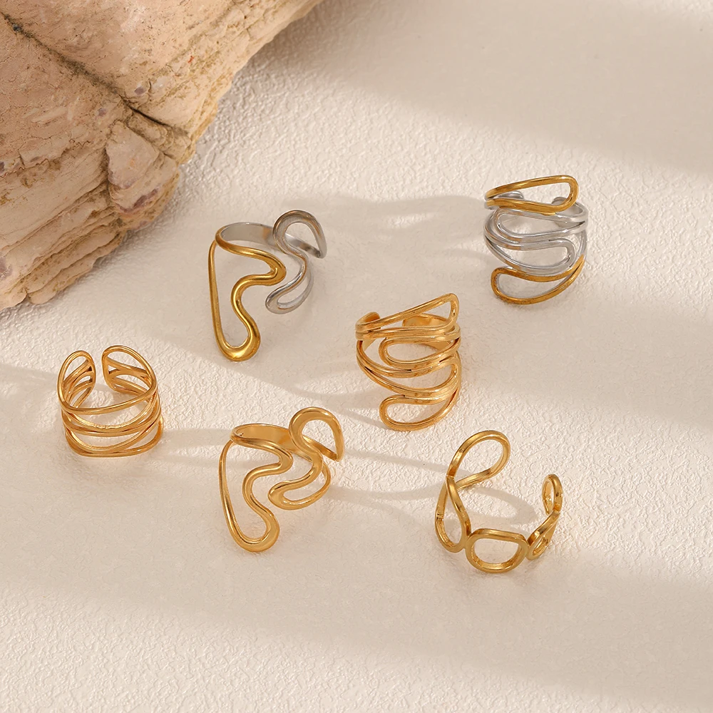 Neues Design Edelstahl Offener Ring mit Unregelmäßigen Geometrischen Linien für Damen, Wasserdicht, Modeschmuck – Detail 1