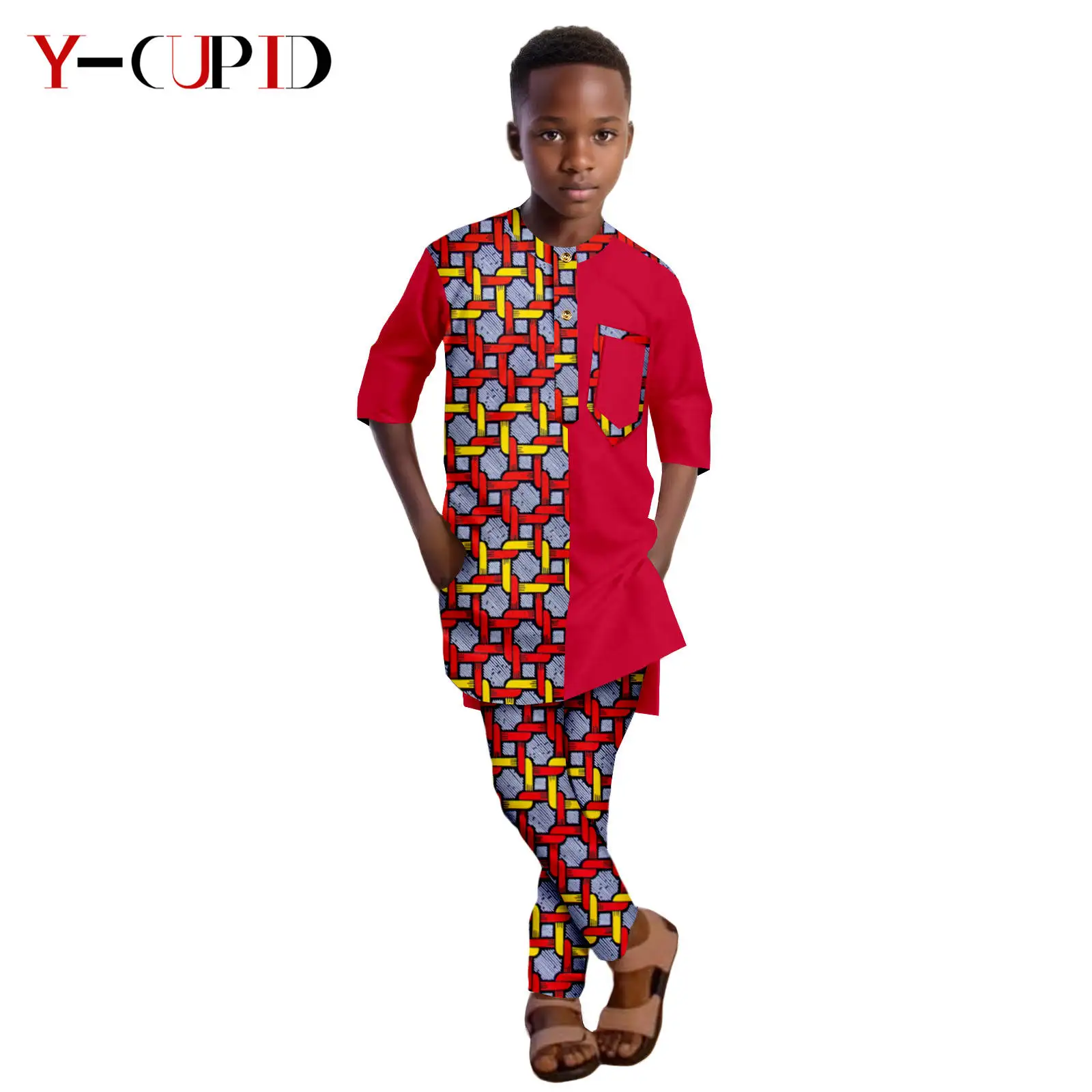 African Clothes for Kids Boys Outfits Bazin Riche Children Print Patchwork Half Sleeve Top and Pants Sets Ankara Suits 2546008