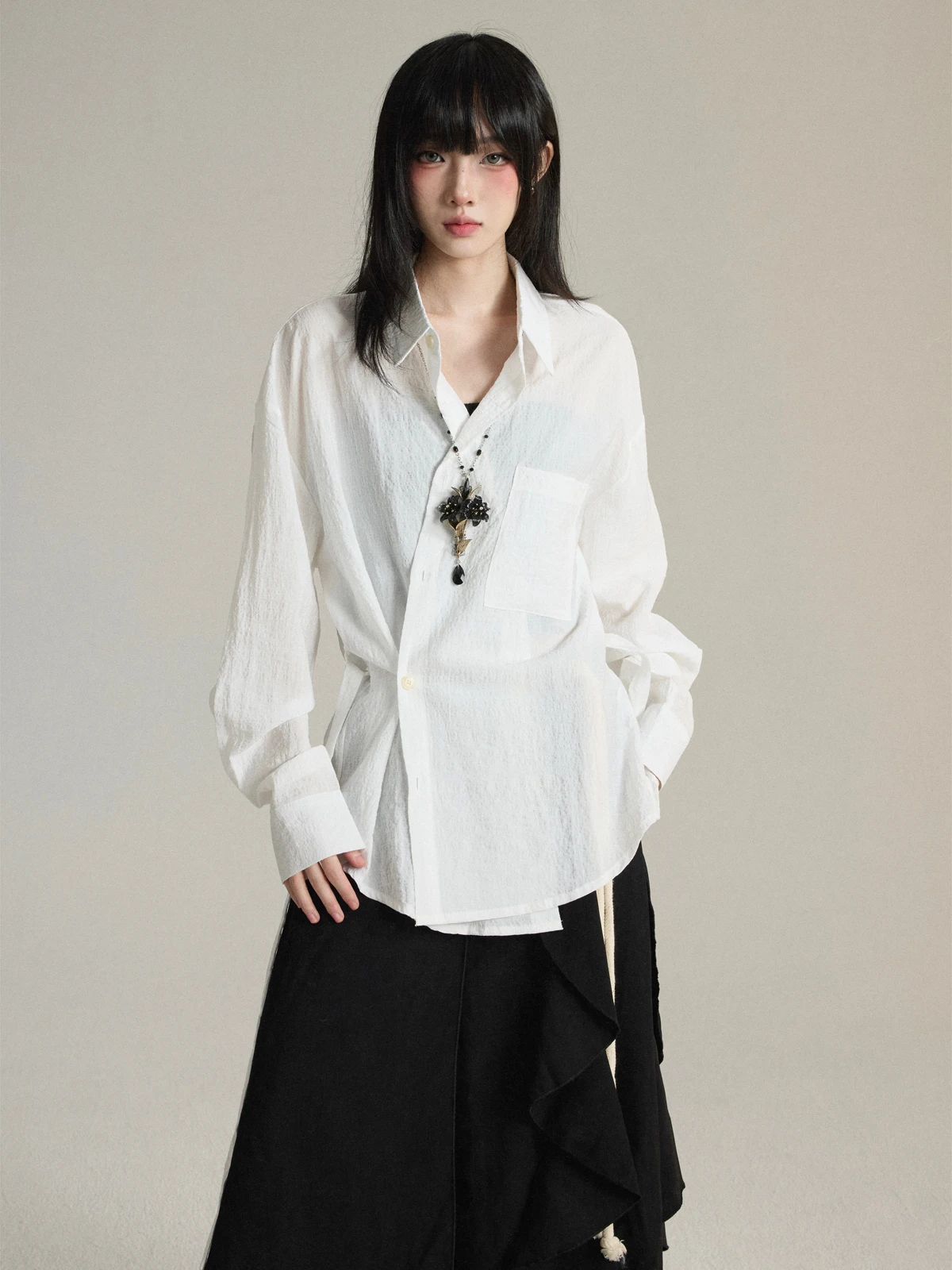 

Original Design Sensation LeMaire Sle irt Waist Cinching Long Sve Tie Belted Simple Ele Women's Top FG72