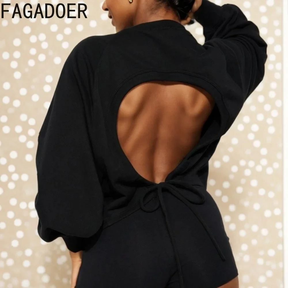 FAGADOER Casual Sweatshirt Women Solid Color Long Sleeves Backless Hollow Out Fashion Tops Female Streetwear Clothing 2025 New