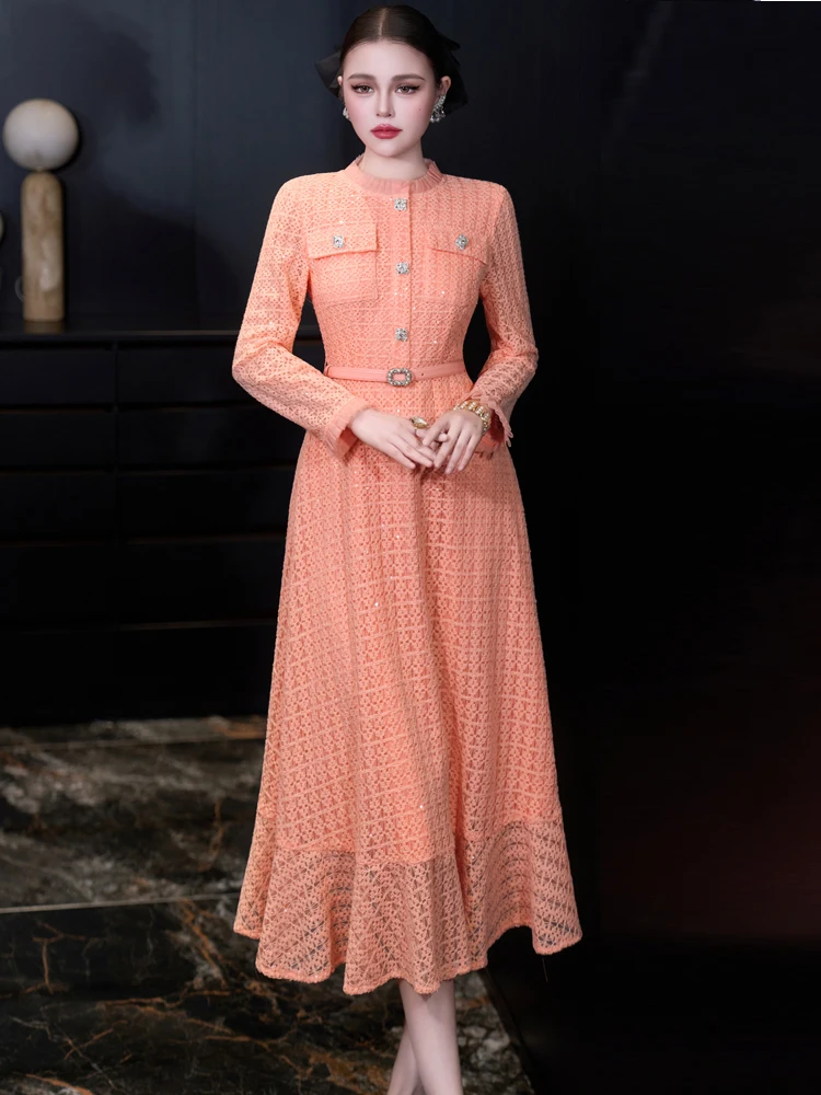 فساتين سهرة فرنسية أنيقة برقبة دائرية وأكمام طويلة من الدانتيل والترتر وحزام خصر عالي بقصة ضيقة فستان طويل للنساء #3