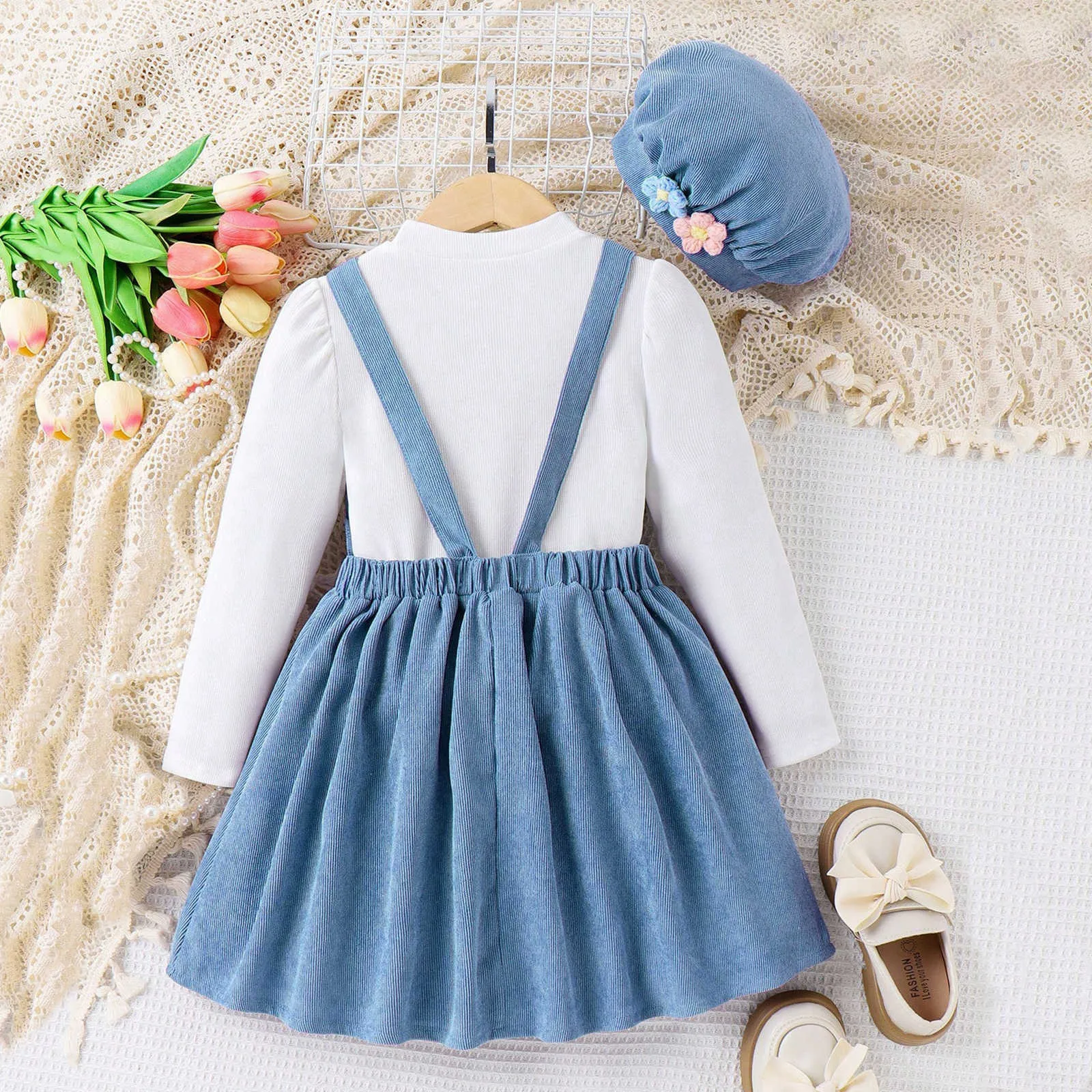 2024 Autumn Winter Girls Clothes Long-sleeved Top+Floral Splice Suspenders Dress+Cap 3 Pieces Set Casual Kids Clothes Age 3T-8T