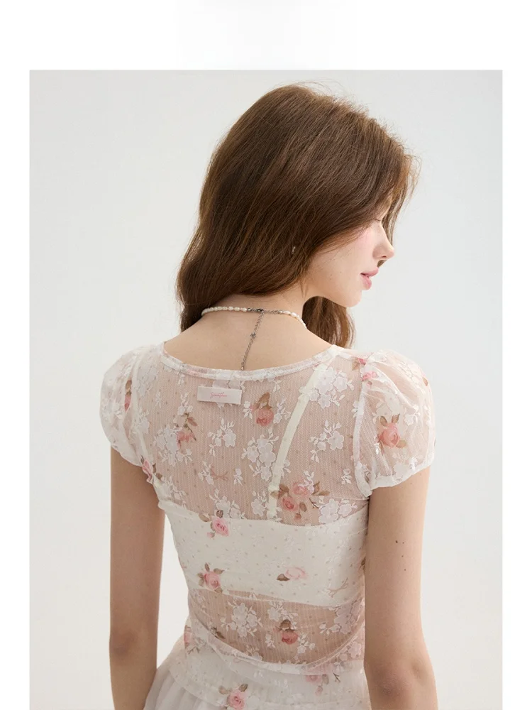 프랑스 스타일 레이스 셔츠 반팔 플로럴 프린트 슬림핏 티셔츠 여성 여름 휴가용 라운드넥 티