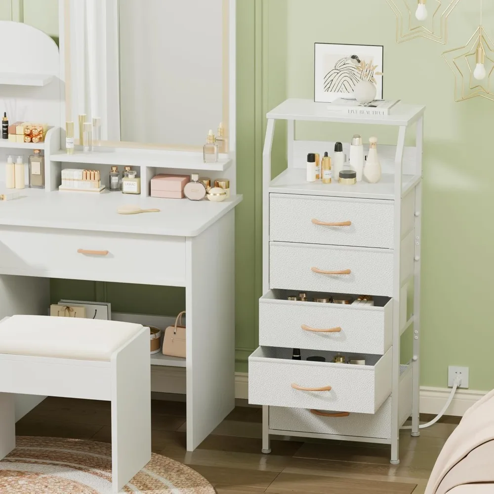 5 Drawers Dresser with Charging Station, Tall Night Stand Open Shelf, Storage Tower PVC & Fabric Drawer, Bedside Table，White