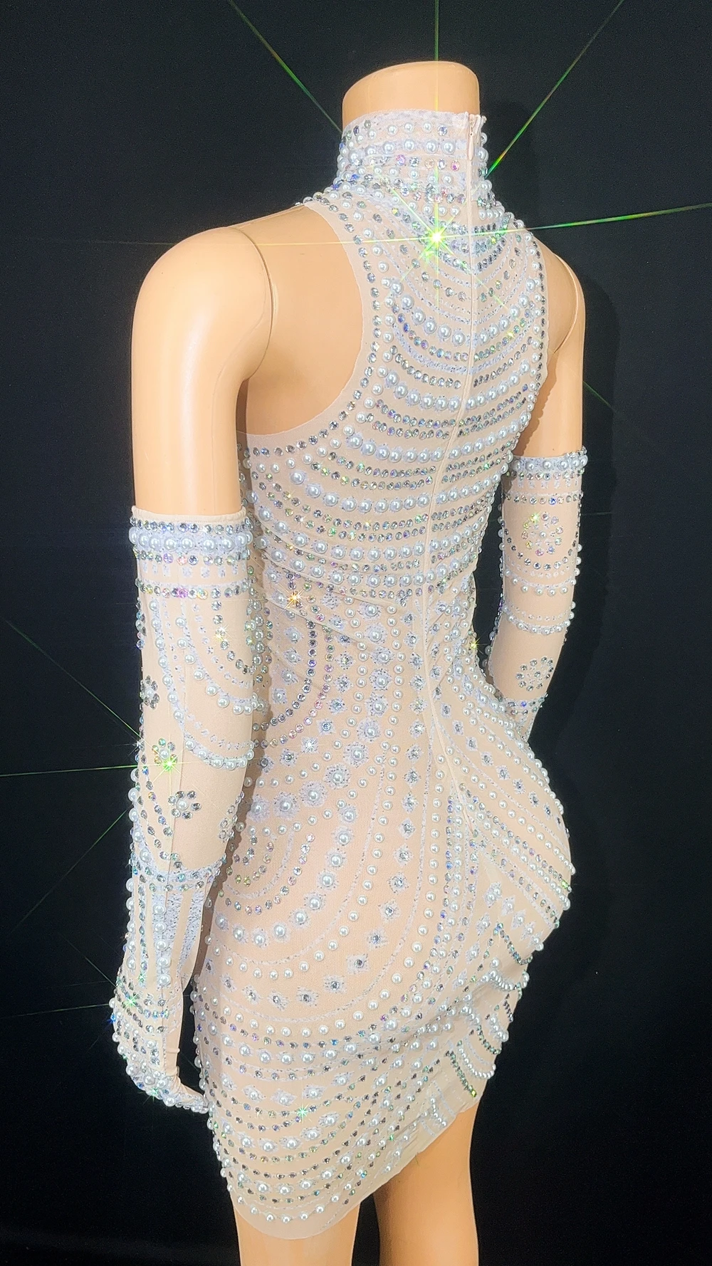 Robe courte de soirée Sexy avec des strass scintillants, gants, tenue de bal, d'anniversaire, de spectacle, de danse, vêtements de scène