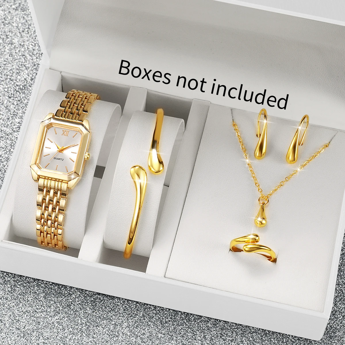 6PCS Elegant Rectangle Women Watch Waterdrop Jewelry Set Ladies Roma Dial Golden Bracelet Strap Quartz Wristwatch (Without Box)