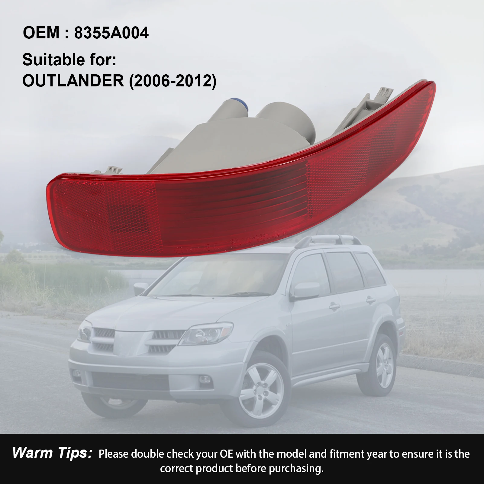 عاكسات المصد الخلفي لجانب الركاب الأيمن، أضواء خلفية 8355A004، متوافقة مع ميتسوبيشي أوتلاندر 2007-2013