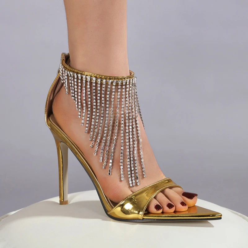 

10cm Stilletto Sandals Gold Tassels Rhinestone High Heels Women Pointed Toe Party Dress Shoes Black Sandales Femmes Luxe