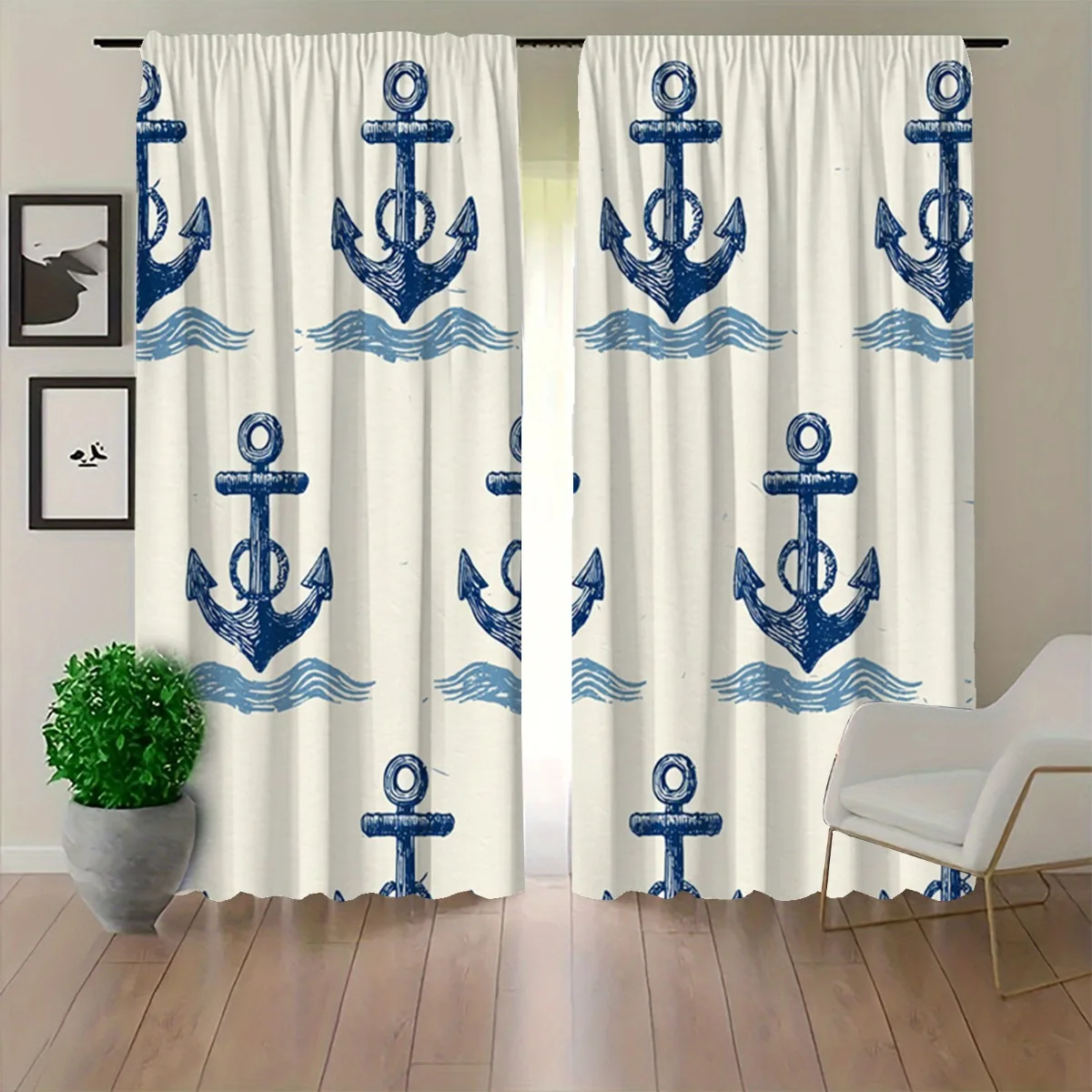 Simple Sketch Blue Anchor Wave Blackout Rod Pocket Curtain Nautical Marine Decor Beach Homestay Living Rest Bay Window
