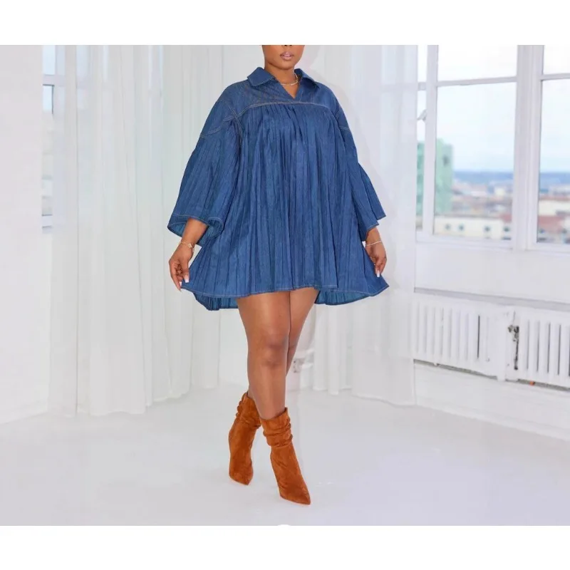 ZEMOREXMZ فستان فضفاض نسائي ضيق من قماش الدنيم بأكمام طويلة مطوي فستان فضفاض لصيف 2025 غير رسمي لأعياد الميلاد وحفلات النادي فساتين متأرجحة كبيرة