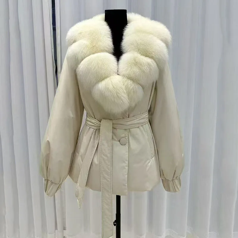 

Women's Fox Fur Collar Down Jacket, Mid-Length Waist-Defining Belted Coat Jacket, High-Quality White Duck Down-Filled Parka, y2k