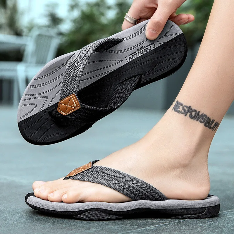 

Fashion Patchwork Beach Flip Flops For Men Light Anti-Slip Outdoor Slippers Male Comfy Flat Woven Slippers Men's Summer Slippers