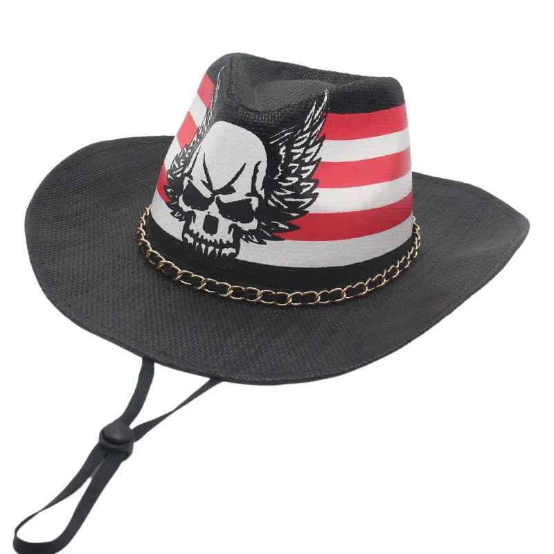 2023 Foreign Trade New Skull American Style Hip Hop Western Denim Cross-border Warped Jazz Top Hat Star Stripes Pattern