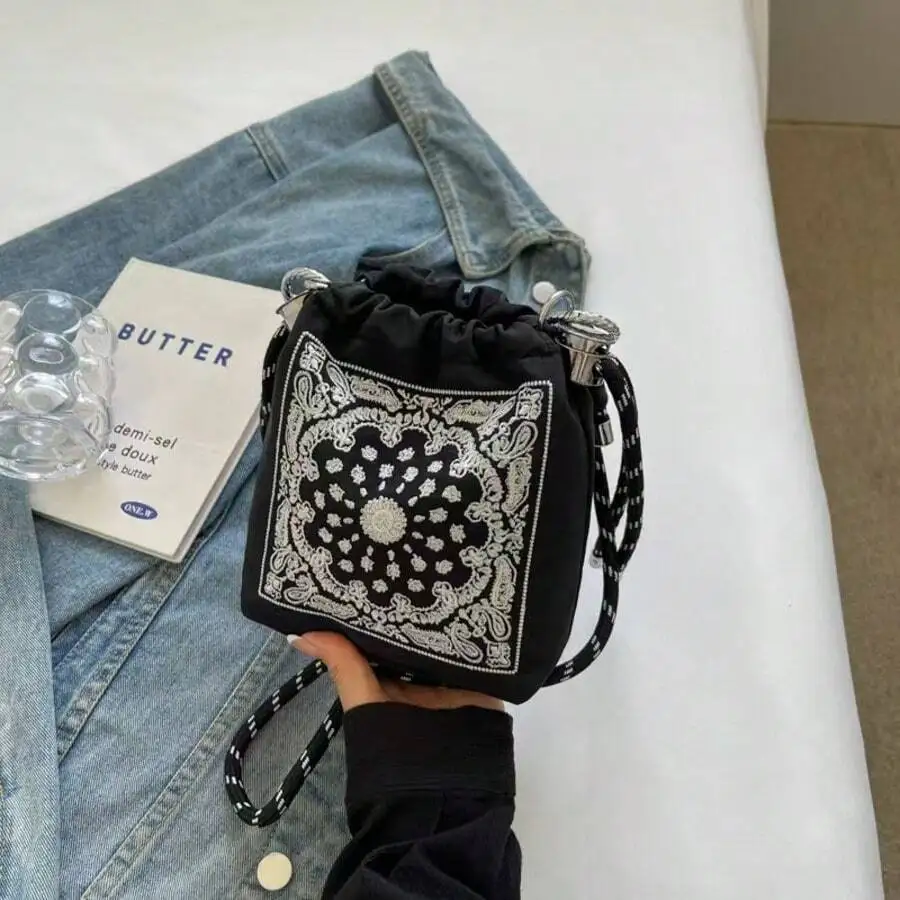

Womens Embroidered Bucket Bag With Drawstring Closure Lightweight Nylon Shoulder Bag For Daily Use