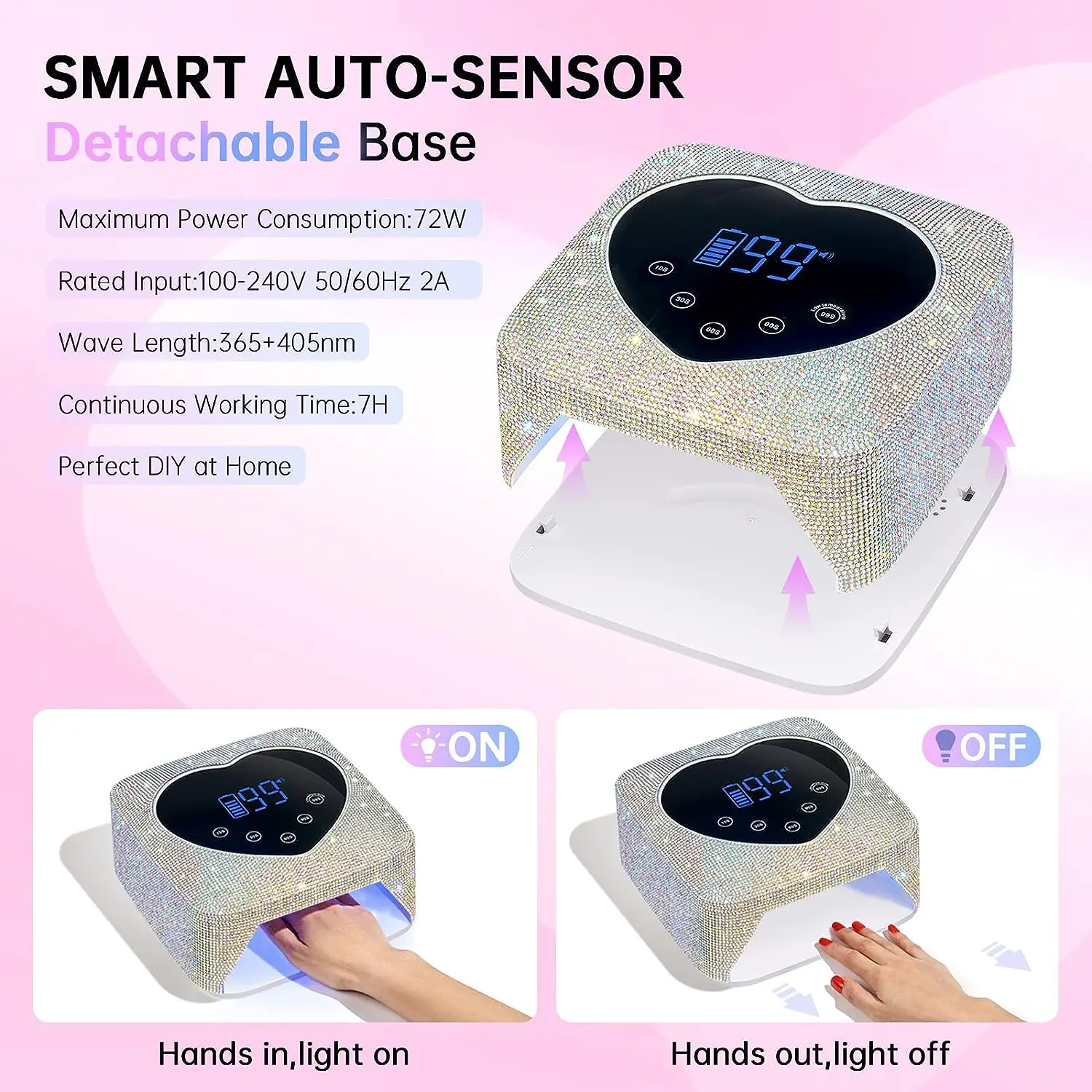 72W UV LED Nail Lamp Rechargeable Fast Drying Sparkly Nail Dryer Manicure Lamp Wireless for Curing All Gel Nail Polish