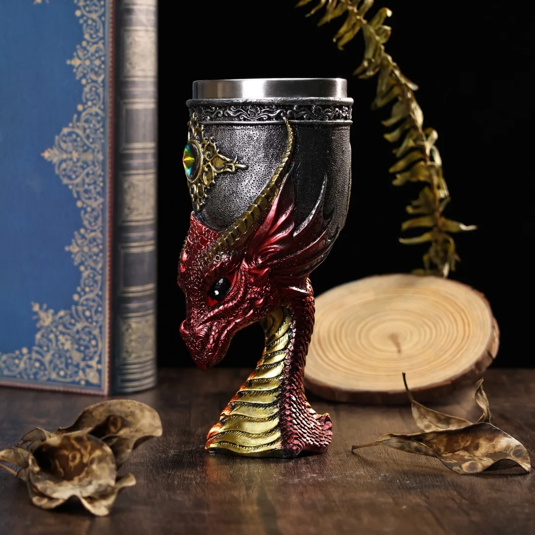 200ML Dragon Head Goblet Stainless Steel Resin Retro Gothic Fantasy Wine Beer Glass Chalice Drinking Cup Whiskey Green