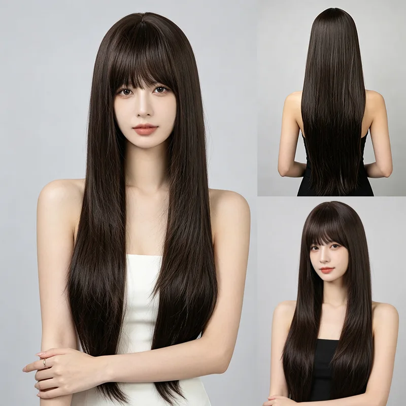 Long straight with bangs, full headpiece, natural black synthetic fiber , rose net wig