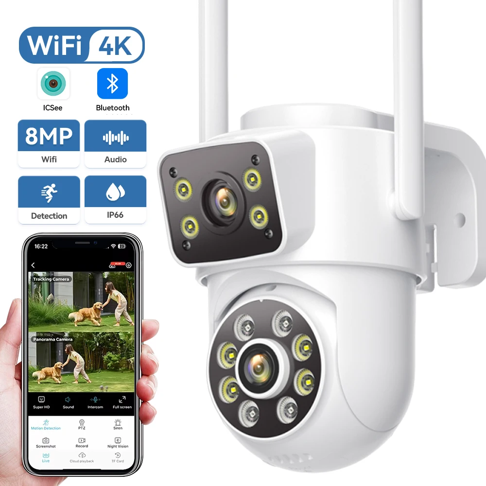 

4K 8MP PTZ WiFi камера видеонаблюдения с двумя экранами, ИИ-детектором человека, беспроводная, уличная, IP66 водонепроницаемая, CCTV, P2P, приложение iCSee