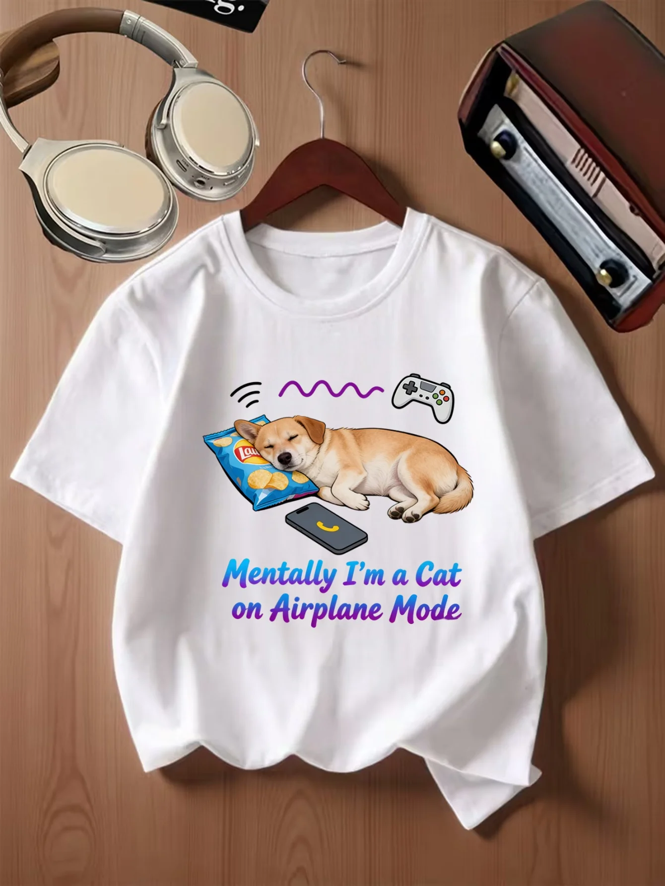 Mentally I Am A Dog On Airplane Mode Cute Cartoon Print Kids T Shirt Boys Girls Family Matching Summer Crew Neck Casual Tee