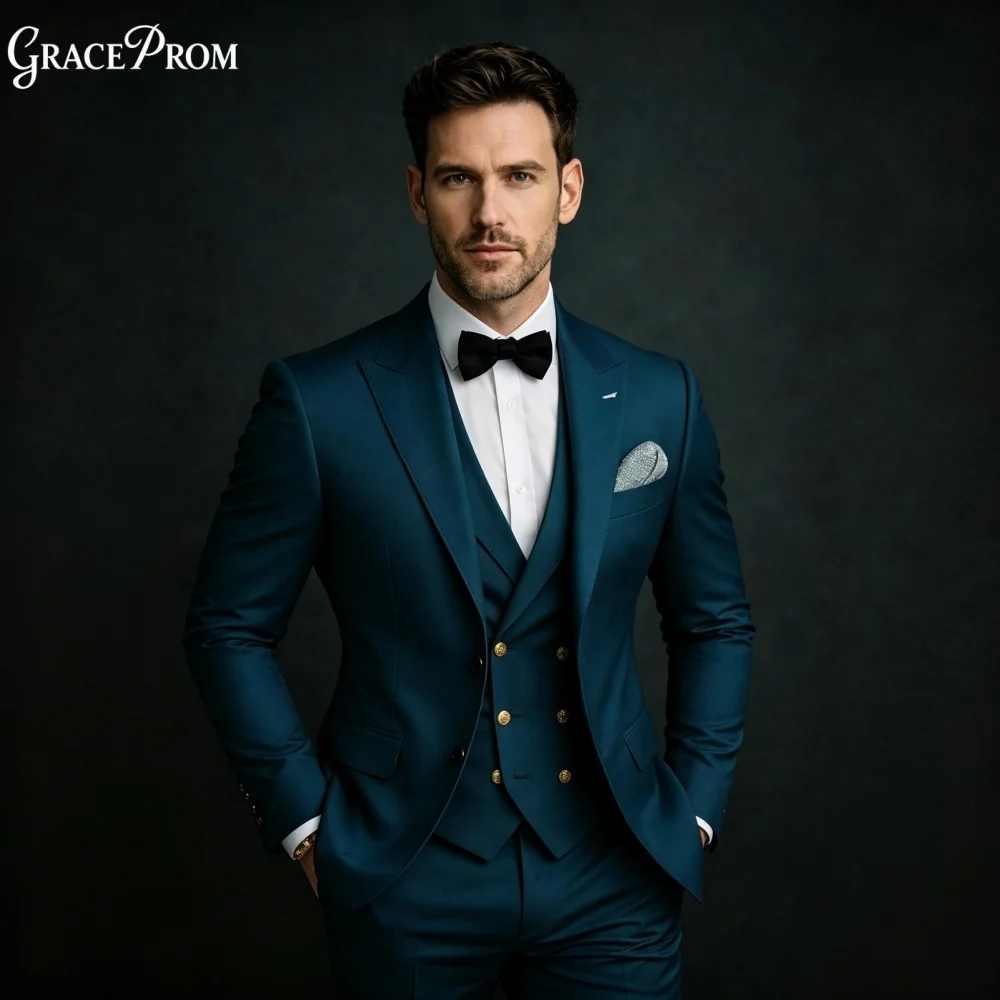 Formal Dark Teal 3PCS Men Tuxedo Teal Blue Double Breasted Vest Pants Set Notched Groom Suit For Wedding Formal Event Customized