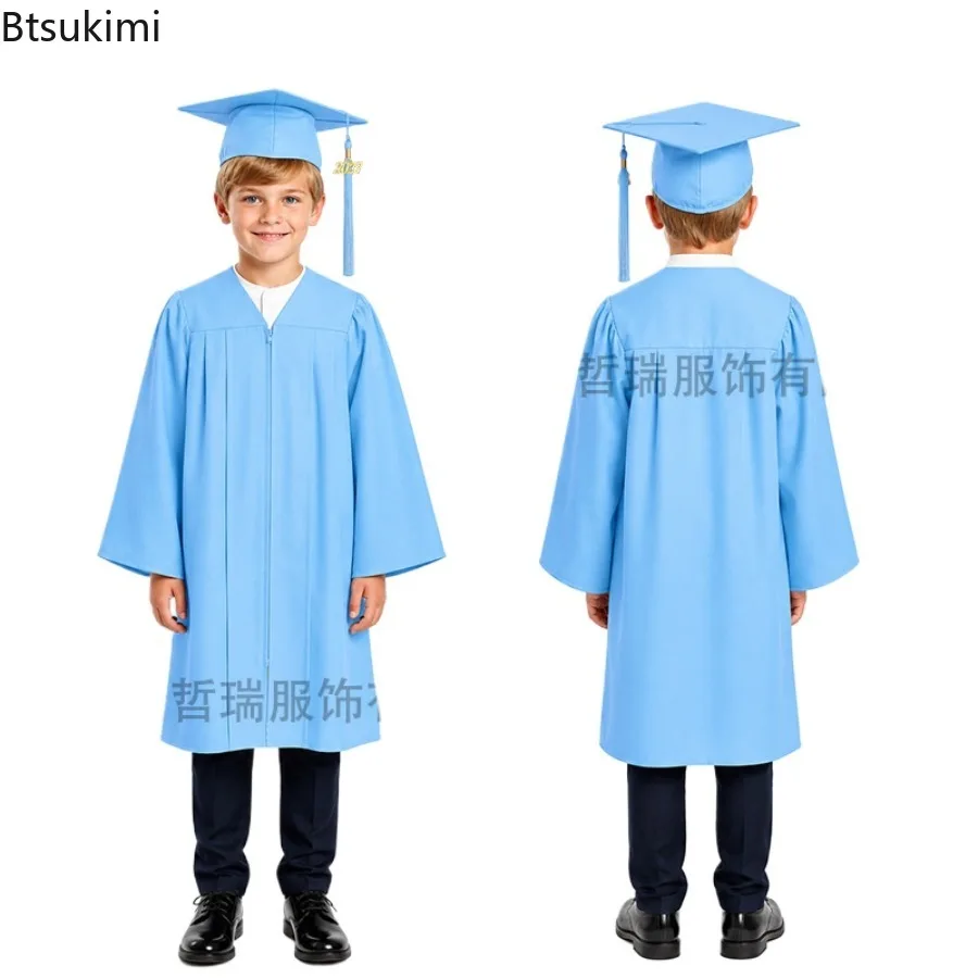 2027 Children Primary School Graduation Costumes Kindergarten Bachelor Gown Academinc Uniform Boy Girl Photography Robe Hat Sets