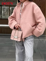 OOTN Woolen Pink Pockets Coats Women's Long Sleeves Autumn Winter 2024 Stand Collar Oversize Tunic Jackets Office Ladies Button