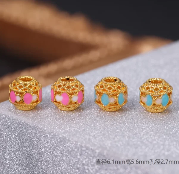 18k gold beads pink color beads 6mm karat gold loose beads diy bracelet big hole 2.7mm