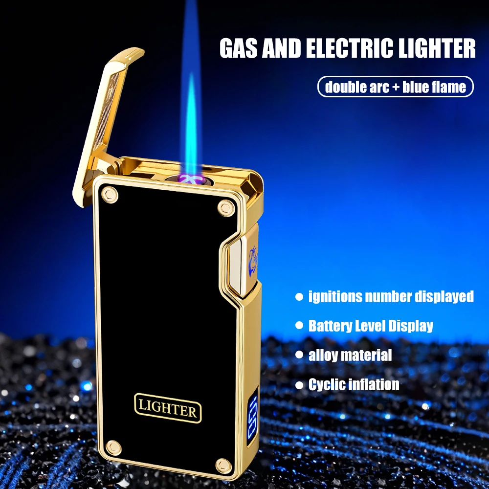 

Газово-электрическая зажигалка двойного назначения с двойной дугой и синим пламенем, индикатором уровня заряда батареи и счетчиком запалов, изысканный корпус