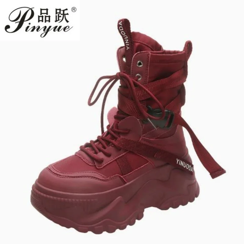 

Модные женские ботинки на массивной платформе в мотоциклетном стиле, на шнуровке, с толстой подошвой, осенне-зимние, размеры 34-42