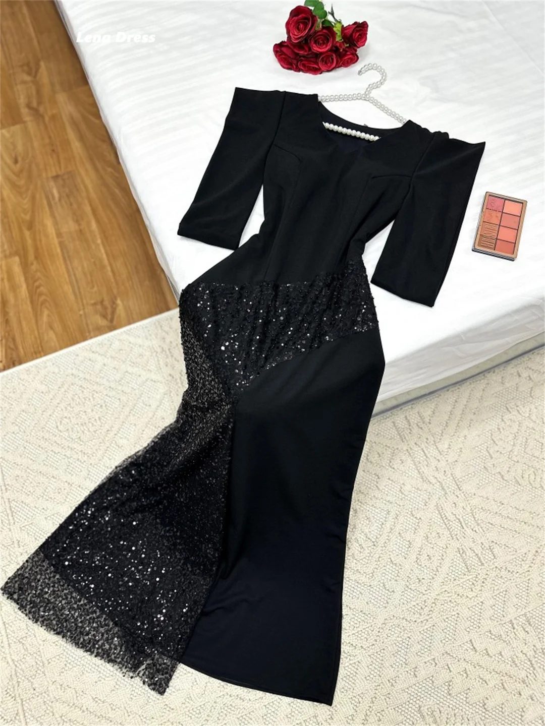 Lena Custom Made Prom Dresses for Special Occasions Evening Dresses Women Elegant Party Dress Black V-neck Sequins Woman Formal