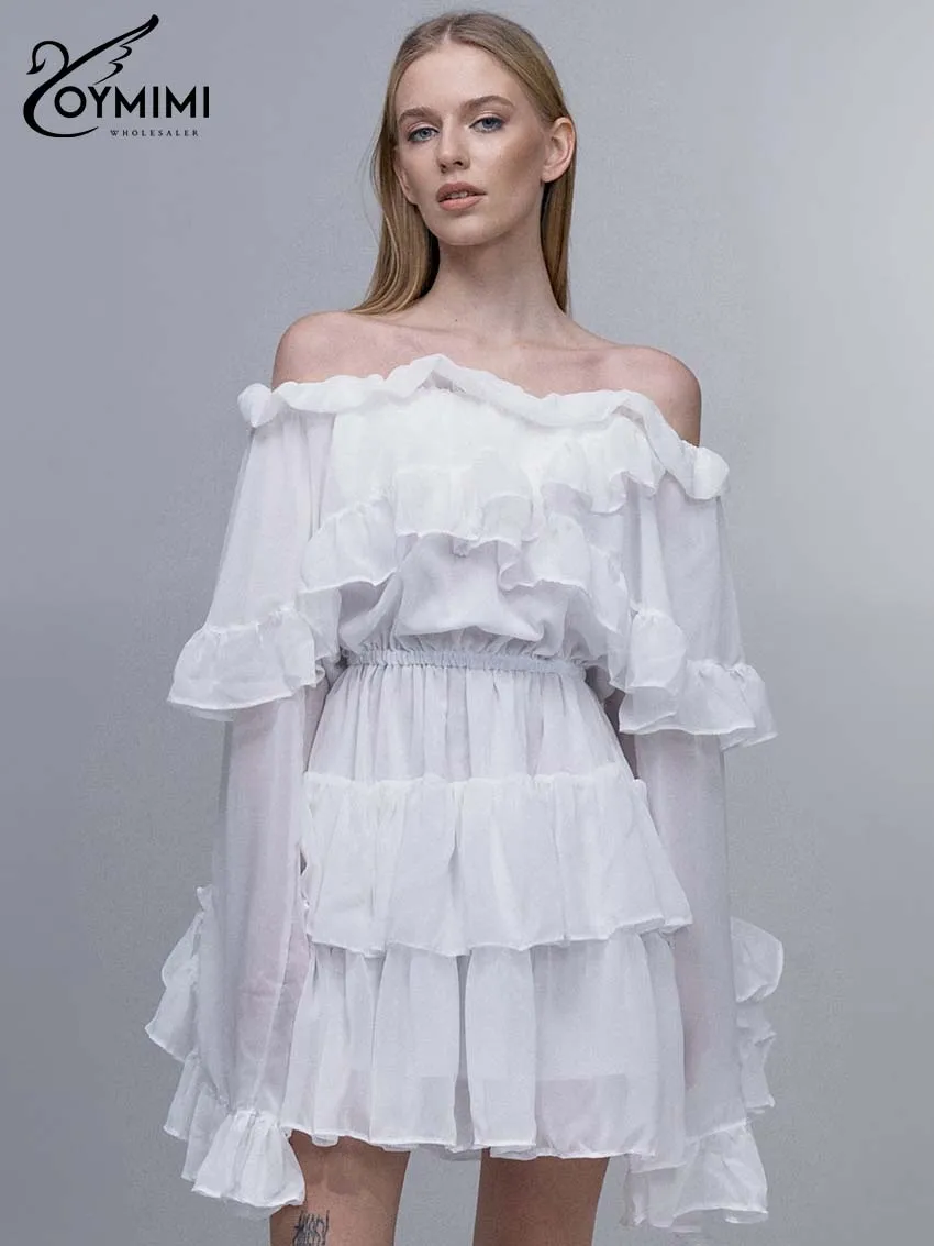 

Oymimi Fashion White Strapless Dresses 2025 Woman Elegant Long Sleeve Ruffled Dresses Casual High Waisted Pleated Mini Dress